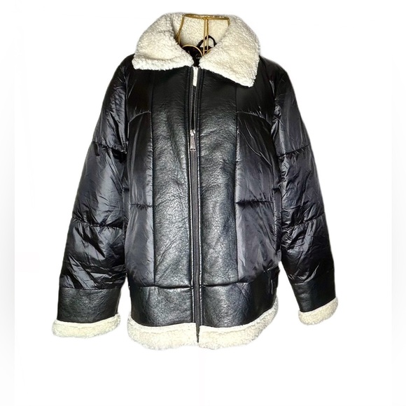 NEW Ciré Faux Shearling Puffer Jacket in Black & Cream, Size Medium - Picture 5 of 16